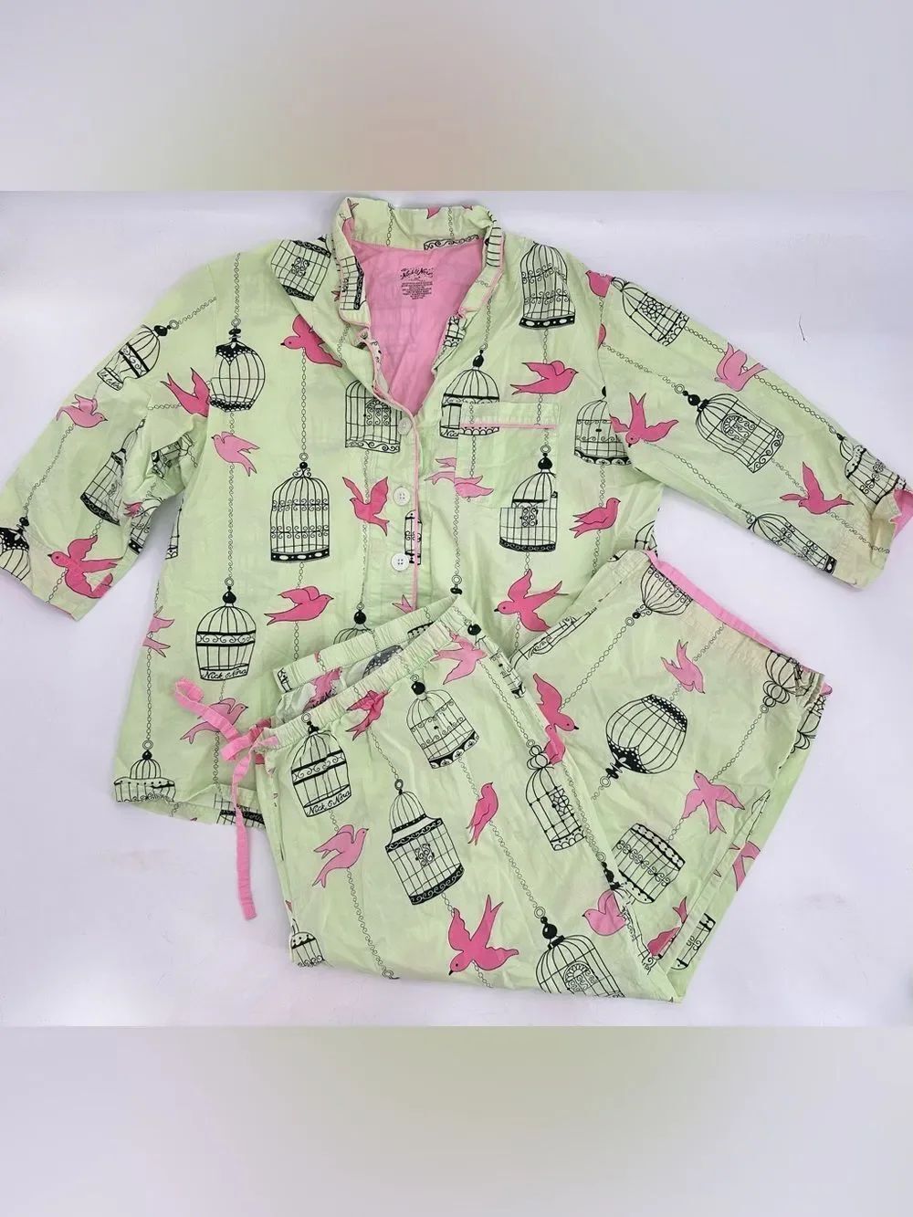 Nick and Nora 100% Cotton Capri Birds With Birdcages XXL Women Pajama Set Rare